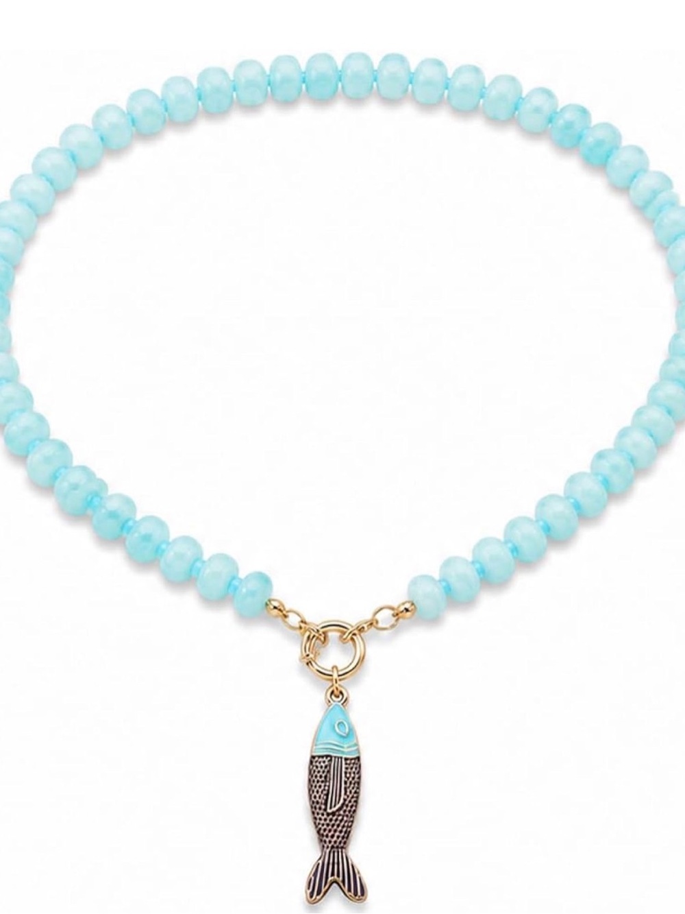 Gold-Accented Aqua Beaded Necklace with Fish Charm